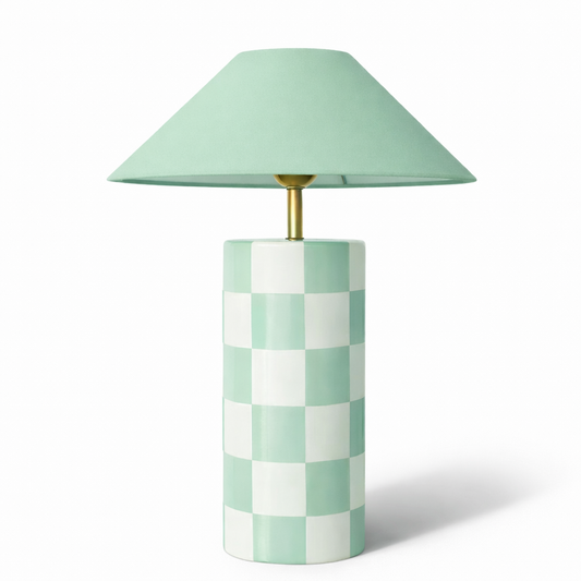 Table lamp with a checkered design on a white background